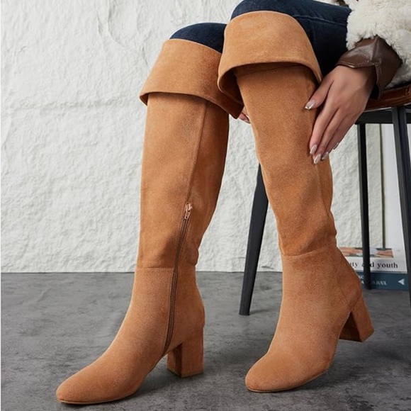 putu Shoes - Putu Boots Block Heel Over the Knee Faux Suede Tall Tan Light Brown Size 8.5